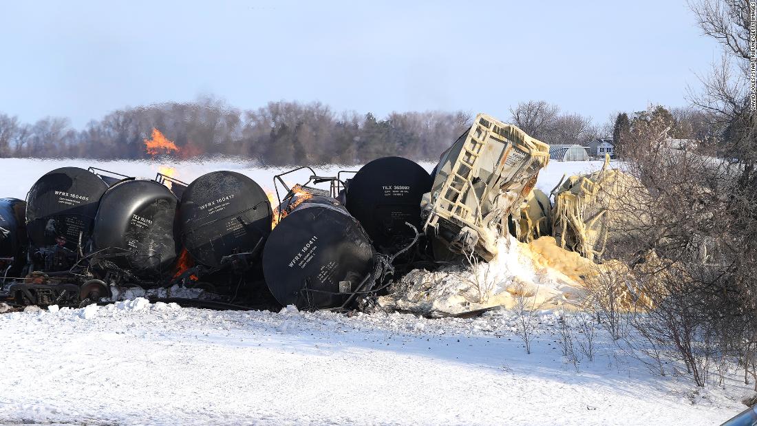 Train carrying ethanol derails and catches fire in Minnesota, forcing residents to flee